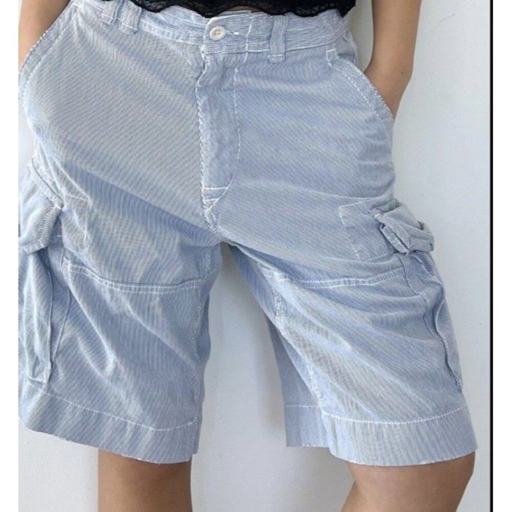 Polo Ralph Lauren Cargo Shorts Mens Size 35 Blue Seersucker Pinstripe Preppy